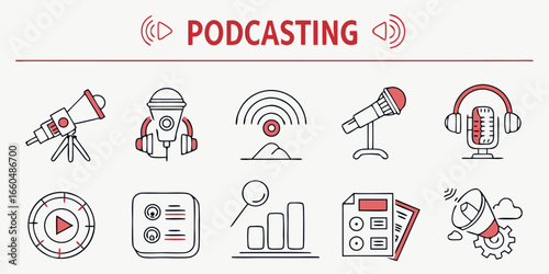 Minimal line icon set for podcasting and audio content creation