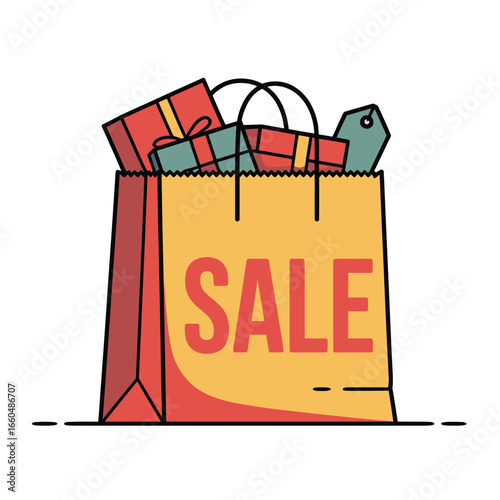 Bright yellow shopping bag filled with gifts and labeled sale ready for a shopping spree