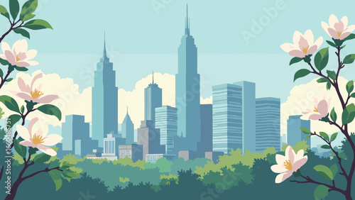Charlotte, North Carolina – Uptown skyline with bank tower reflections and magnolia blooms, palette: glass blue, magnolia white, slate, leaf green