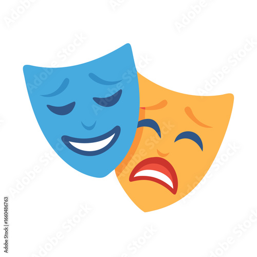 Theater masks emoji, one happy and one sad, classic performing arts vector illustration."
