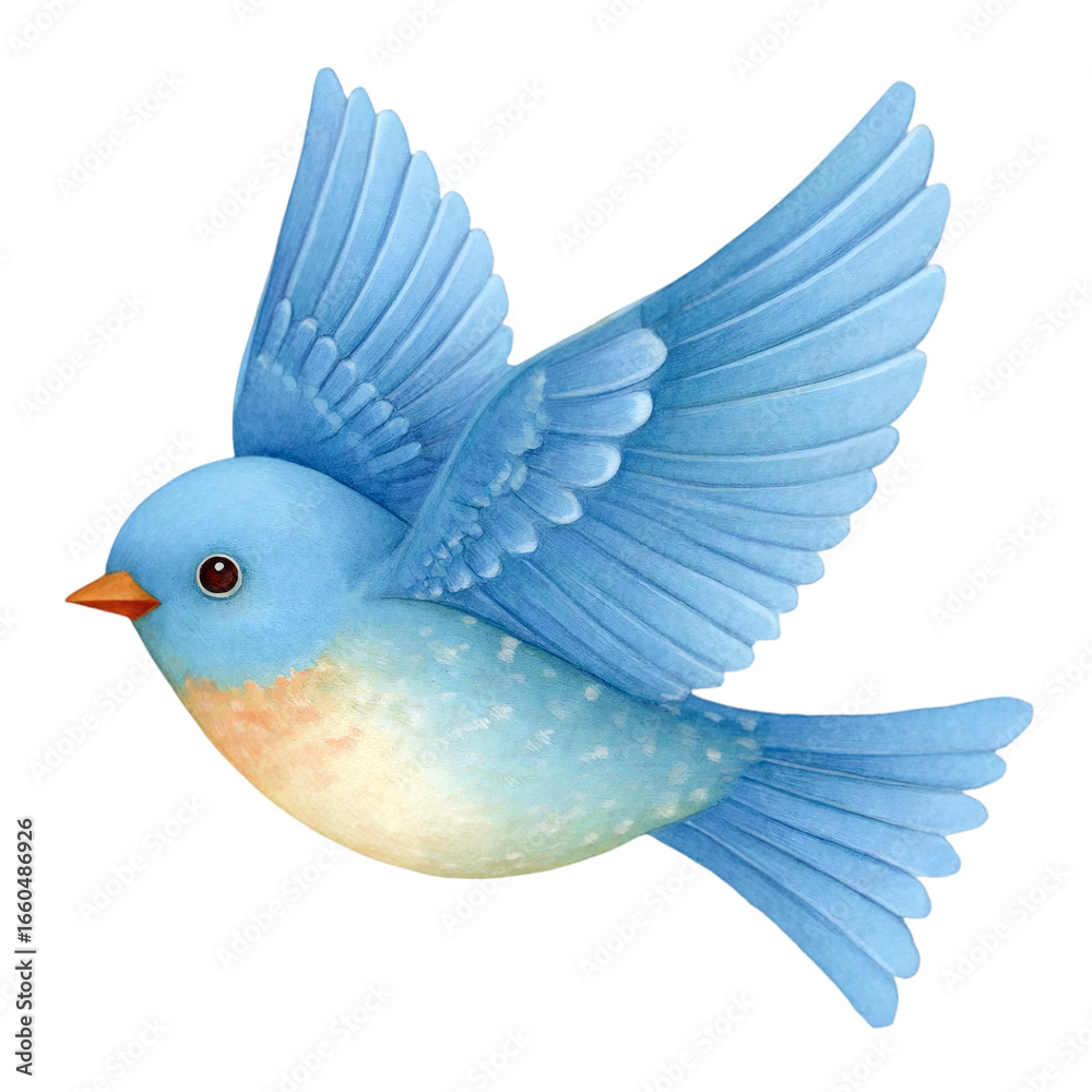 Fototapeta premium Delicate bluebird in flight with wings spread, watercolor illustration for springtime