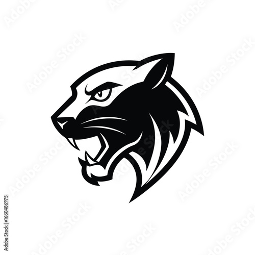 Fearless panther head logo in sharp side view with detailed bold black outlined Vector illustration