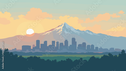 Denver, Colorado – Downtown skyline with Rocky Mountain backdrop at sunrise, palette: peak gray, sky gold, prairie green, glass blue
