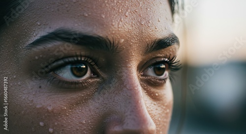 Closeup on a womans face with visible sweat droplets on her skin Brown eyes are prominent