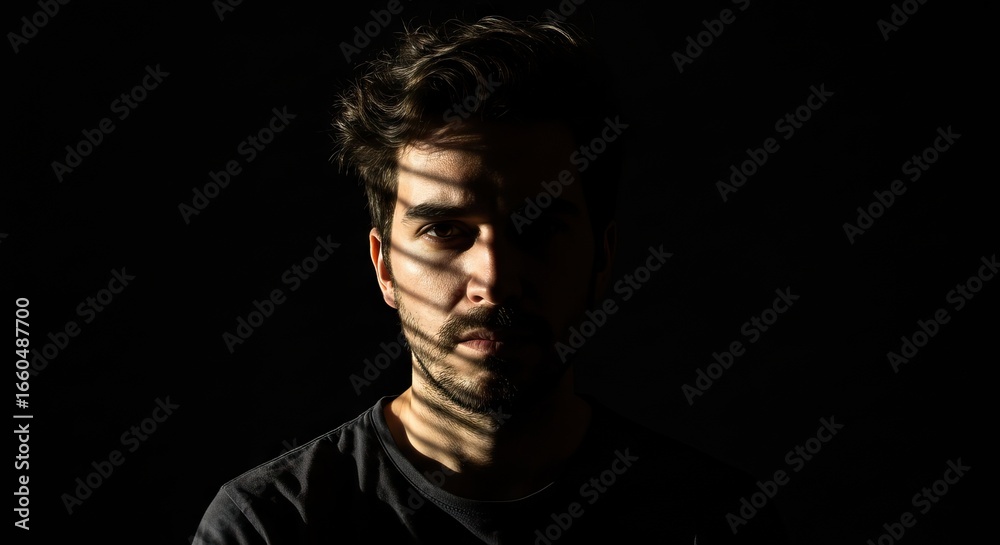 Naklejka premium Mans face shadowed by light dark hair and beard visible
