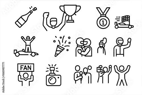 Icon celebration pose champagne vector crew bottle icons victory burst crowd waving