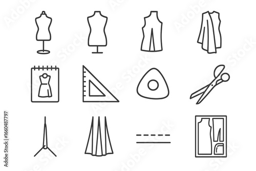 Cutting marking tailor icons grid paper dress vector tailoring icon layout form