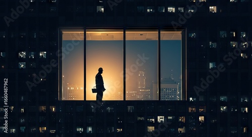 Silhouette of a worker in a brightly lit window of a dark building overlooking a city skyline at night