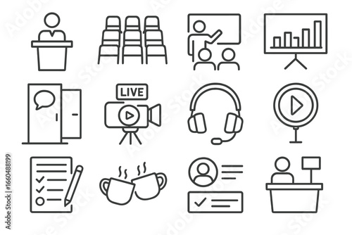 Icons chair icon desk profile vector live speaker presentation coffee grid headset