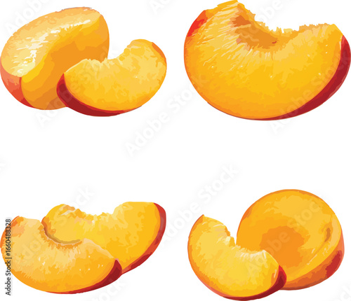 A vibrant collection of delicious fresh peaches and slices isolated on white background