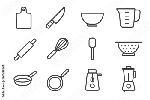 Board knife bowl blender icon tools measuring grid colander vector spatula chef
