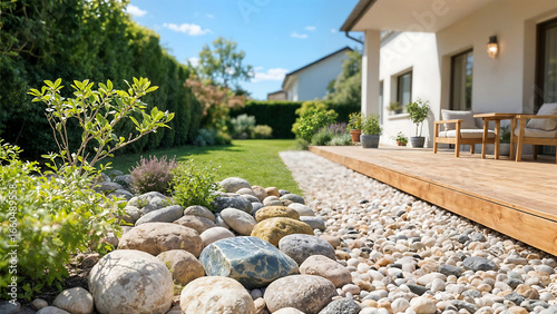 Fototapeta Naklejka Na Ścianę i Meble -  Aménagement d'un jardin avec galets et graviers autour de la terrasse en bois, design extérieur, aménagement paysager	