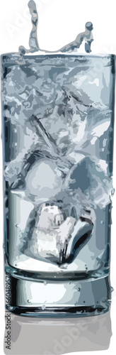 Refreshing glass of water filled with ice cubes and water splash artistic vector