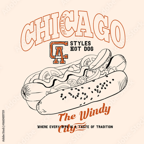 Hotdog design for t shirt. hand drawing food artwork. Chicago college text print. Crispy and delicious fast food artwork. Hand drawn lettering for design t shirt.