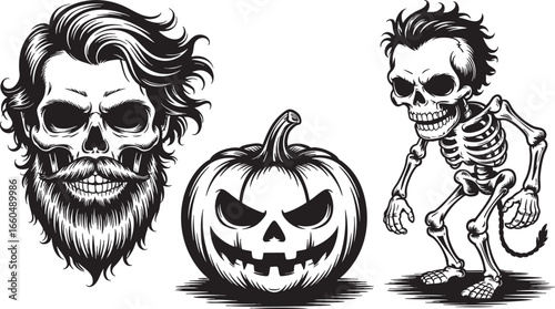 Halloween skull with beard, pumpkin and skeleton jack o lantern, halloween, skull, skeleton, pumpkin, jack o lantern, horror, spooky, scary, creepy, death, bones, beard, mustache, hair, vintage, retro