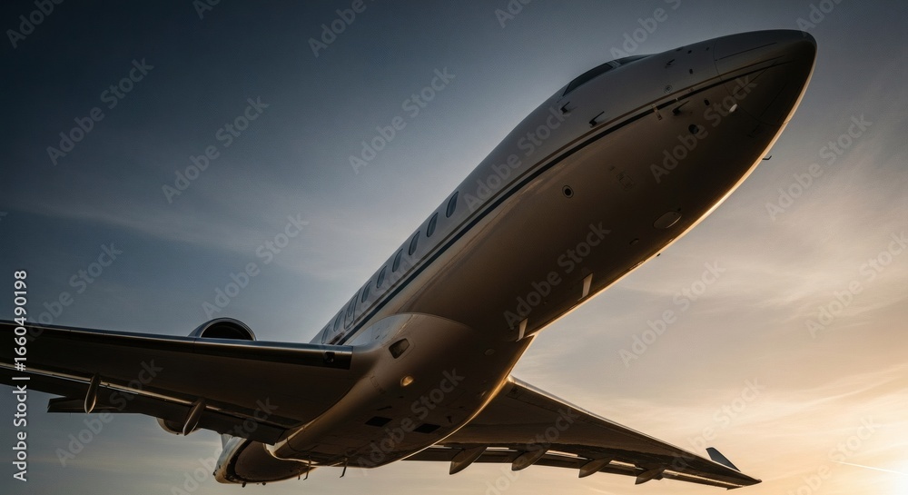 Obraz premium A sleek, modern private jet ascends into a dramatic sky, showcasing its aerodynamic design and powerful engines against the setting sun.