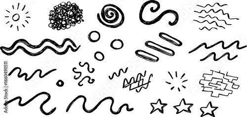 Hand drawn doodle set of abstract textures with dots and stripes for creative design