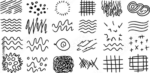 Diverse set of abstract doodle textures featuring dots and stripes for creative design