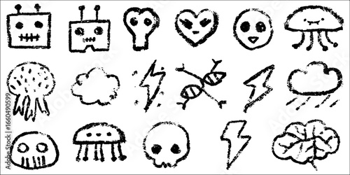 Hand-drawn doodle set featuring ai, robot heads, and futuristic elements for creative design