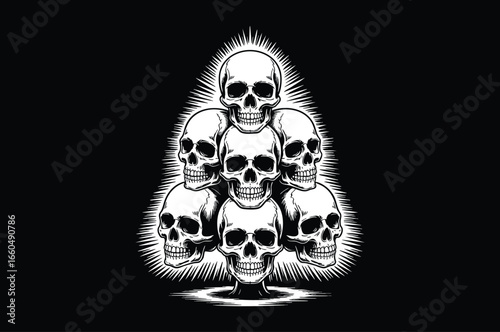 Pyramid Stack Of Skulls With Radiant Glow pile, skull, skulls, pyramid, stack, pile, death, macabre, morbid, dark, gothic, horror, illustration, drawing, black and white, bone, skeleton, anatomy, huma
