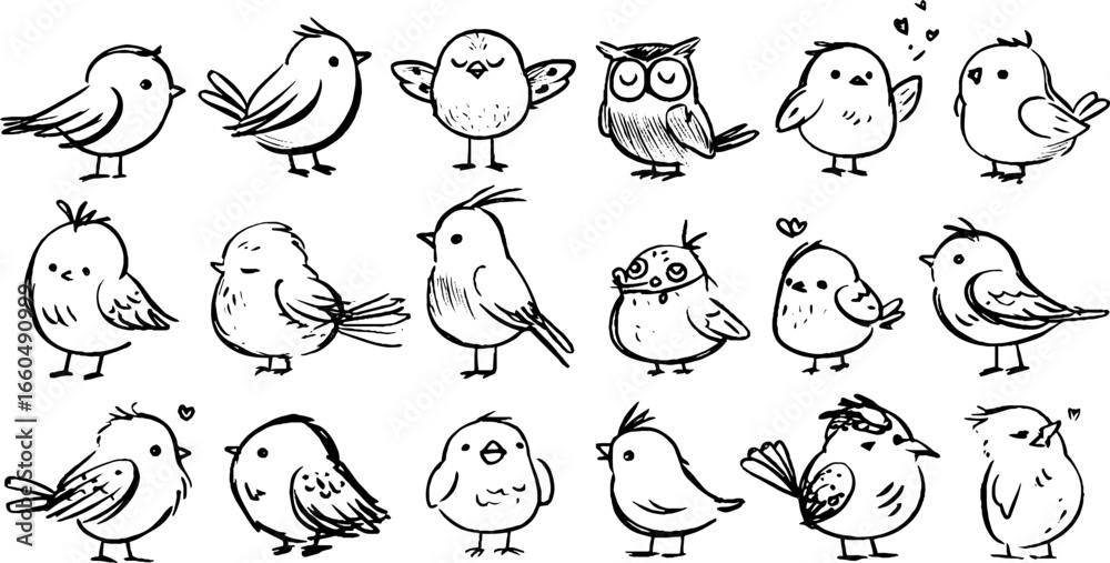 Obraz premium Playful doodle set of sparrows, owls, and parrots for creative designs