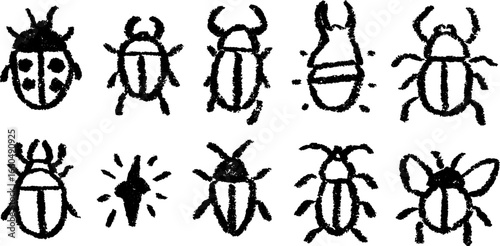 Hand drawn doodle set of beetles and ladybugs for nature design