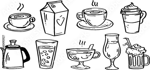 Hand-drawn doodle set of tea and coffee beverages for creative design projects