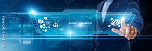 Obraz na płótnie Businessman touching business integration on digital screen, system unification,