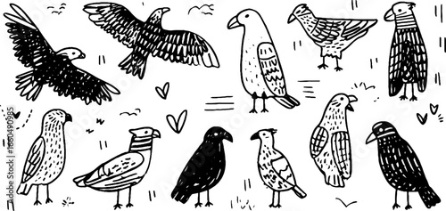 Hand drawn doodle set of birds of prey: eagle, hawk, and falcon illustrations for nature themes