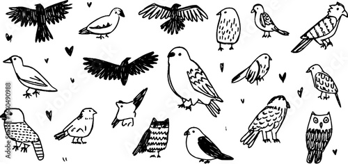 Hand-drawn doodle set of birds of prey featuring eagles, hawks, and owls for creative design