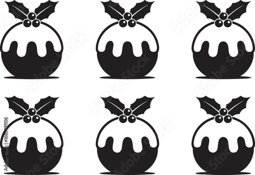 Six Black Christmas Pudding Icons With Holly Berries, christmas, pudding, holly, berries, festive, food, dessert, sweet, traditional, holiday, celebration, winter, december, treat, icon, symbol, graph