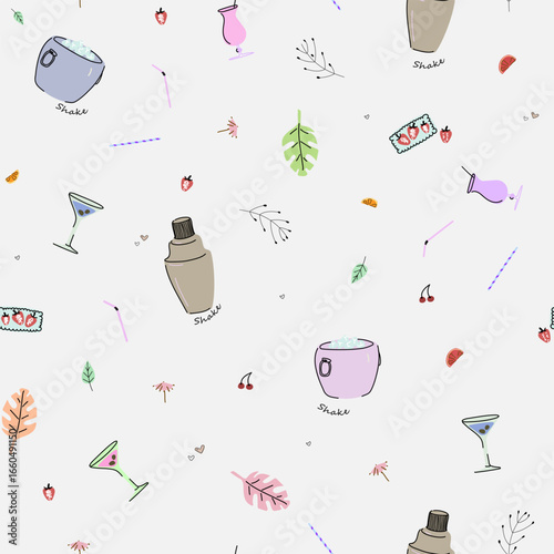 Seamless pattern with cocktails and wrapping paper shakers drawn in doodle style.