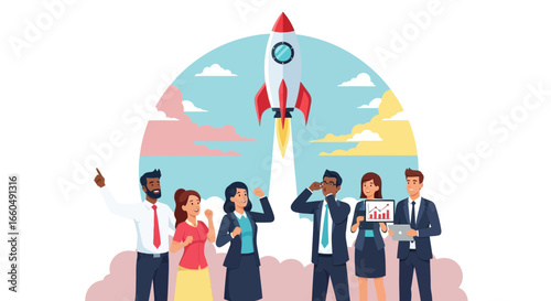 Business Team Celebrates Successful Rocket Launch For Corporate Growth