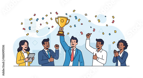 Celebrating Business Success Teamwork with Award Trophy and Confetti