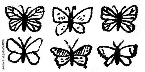 Hand drawn doodle set of monarch butterflies in charcoal texture for art and design