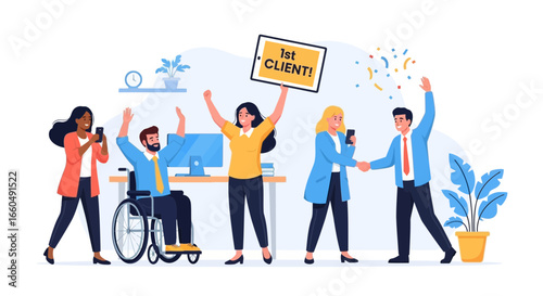 Celebrating First Client Success Teamwork in Modern Office Environment