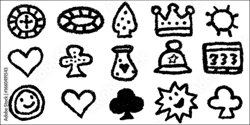Casino icon set with roulette, cards, and symbols - hand-drawn doodle collection