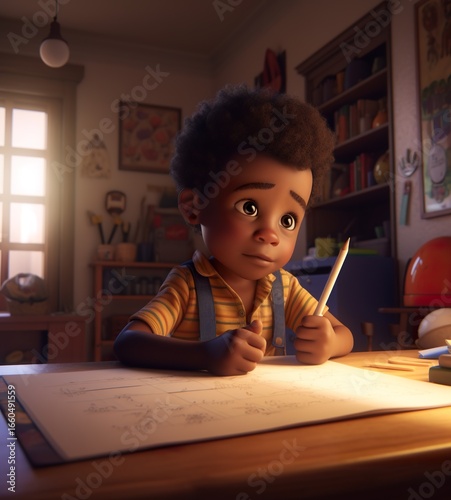A young boy with curly hair is focused on drawing at a desk in a cozy, well-decorated room.