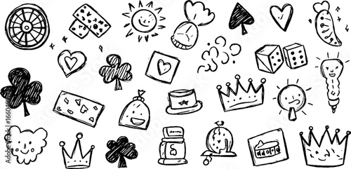 Playful doodle set of casino icons featuring roulette wheel, dice, and cards for creative design