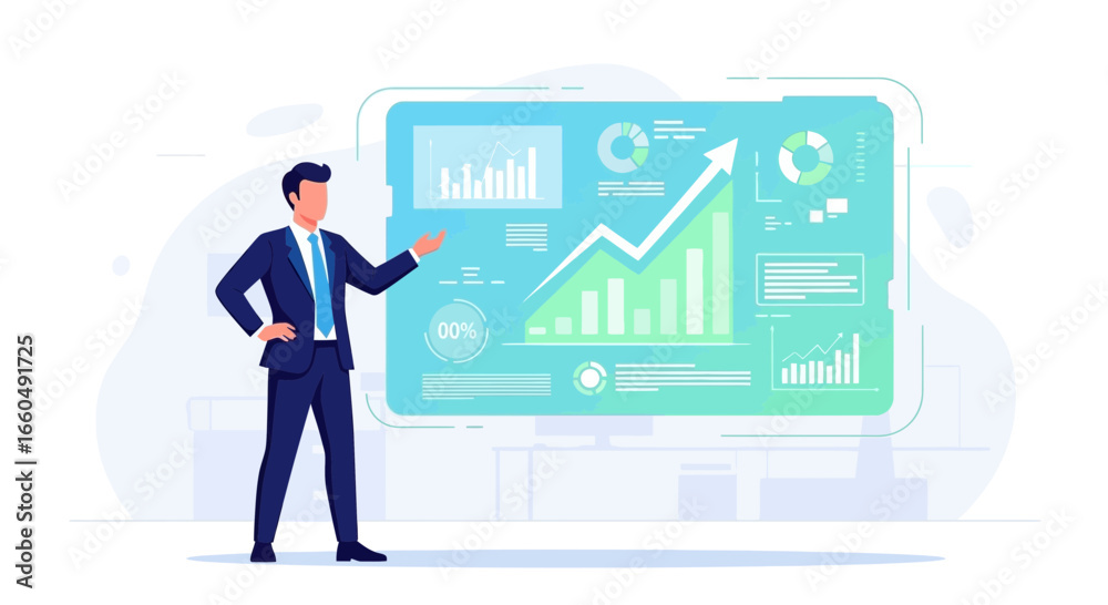Fototapeta premium Confident Businessman Explaining Financial Growth Chart On Screen Presentation