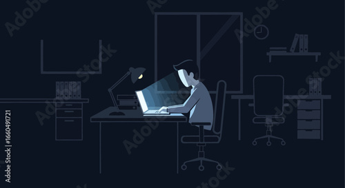Concentrated Employee Working Late Night In Office With Laptop