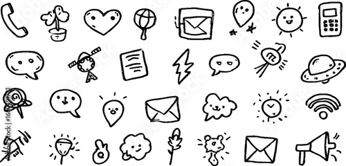 Whimsical doodle set of communication icons featuring phone, email, and symbolic elements
