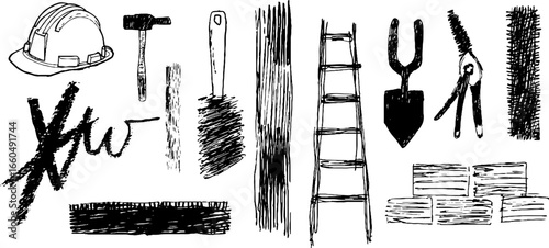 Hand-drawn doodle set of construction tools and elements for design