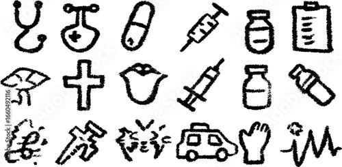 Hand drawn medical icon set featuring stethoscope, syringe, and healthcare symbols