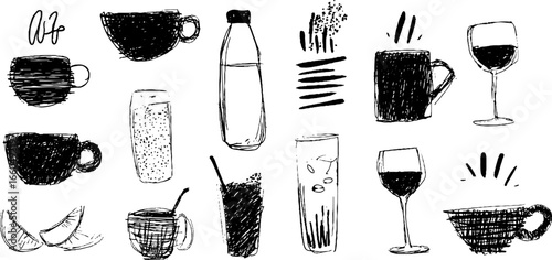 Hand-drawn doodle set of coffee and tea cups with drinks icons for creative design