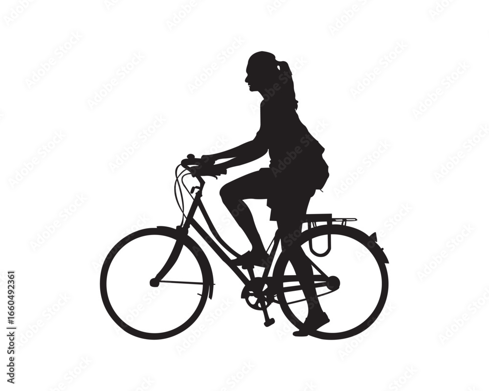 Obraz premium Silhouette of a young woman riding a city bicycle, wearing casual clothes and enjoying a leisure ride, isolated on white background — concept of urban lifestyle, freedom, eco transport, and simplicity