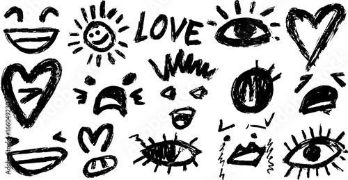 Playful doodle set of emojis with smiles and expressions for creative designs