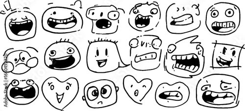 Playful doodle set of emotions featuring happy and sad faces for creative design