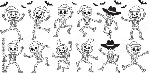 Skeletons in Santa hats and cowboy hats with bats bone, skeleton, bone, skull, human skeleton, anatomy, death, spooky, halloween, christmas, holiday, festive, winter, santa hat, cowboy hat, bats, flyi