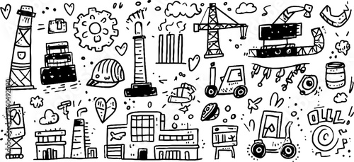 Doodle set of factory and industrial icons for creative design projects